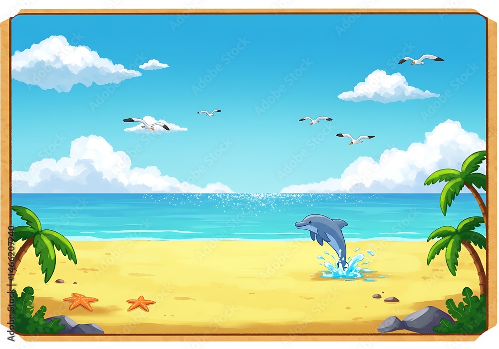 Obraz premium Happy Dolphin Leaping on Tropical Beach Scene
