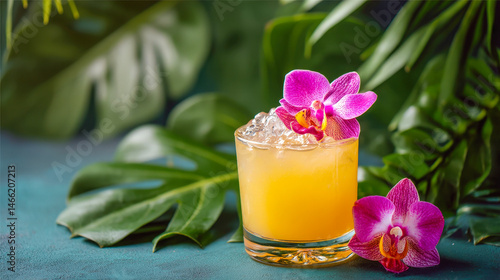 A vibrant tropical cocktail with ice and orchid garnish sits amidst lush green leaves, evoking a refreshing island vibe.