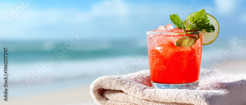 A refreshing red cocktail garnished with mint and lime sits on a towel by the beach, with the ocean in the background.