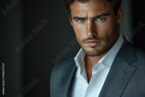 A handsome man with intense blue eyes, wearing a sharp grey suit and white shirt.
