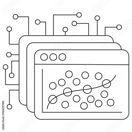 Icon of a data analysis window with a scatter plot and trend curve, symbolizing regression modeling, machine learning, and data visualization. Vector clipart with thin lines, editable line thickness