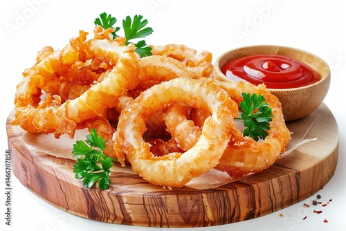 Golden fried onion rings served on a wooden board with a side of tomato sauce
