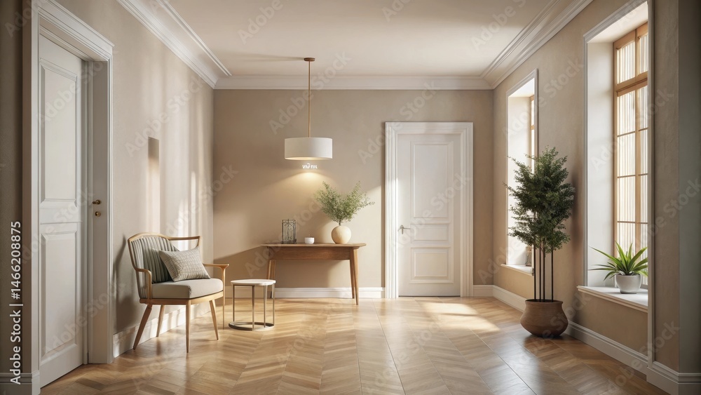 Soft natural light illuminates a serene beige hallway with minimal decor and simple furniture, soft lighting, minimalist decor Soft natural light illuminates a serene beige hallway with minimal decor and simple furniture, soft lighting, minimalist decor
