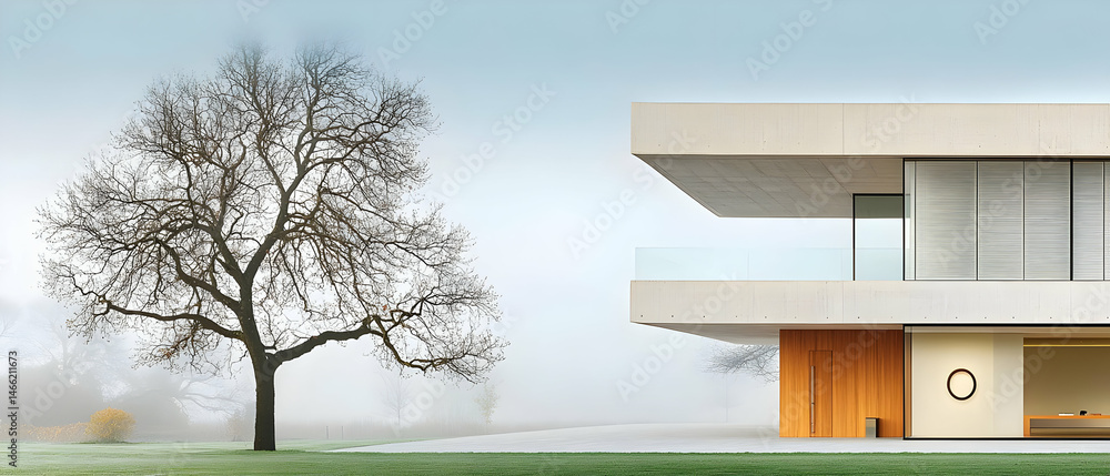 Naklejka premium Modern Concrete House With Foggy Landscape And Tree