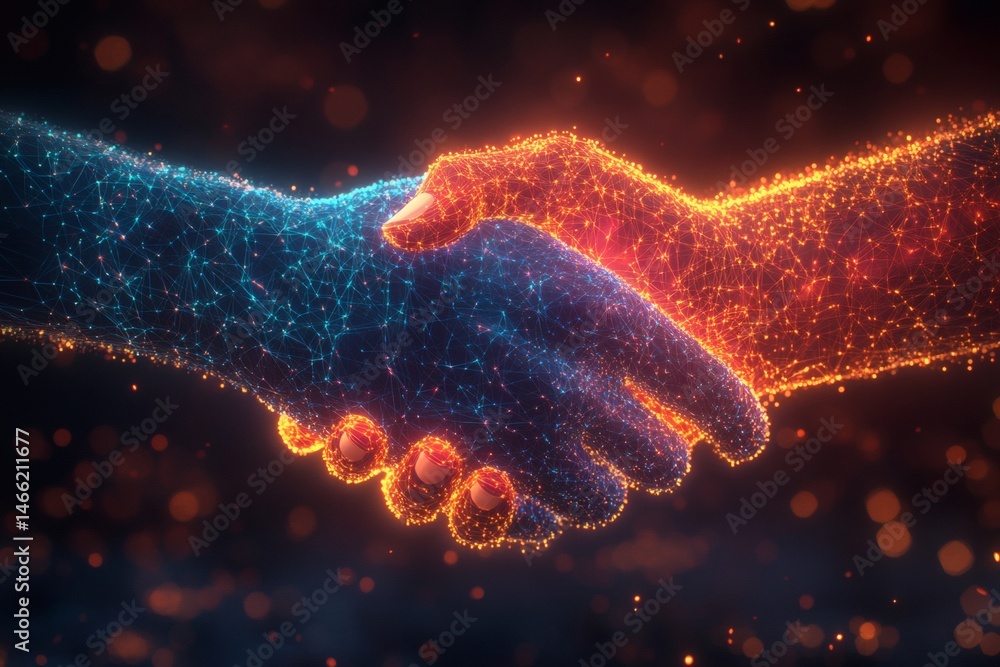 Two hands shaking as digital network shape representing technology-driven collaboration and business connection on geometric blue backdrop