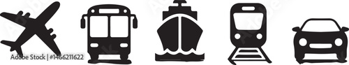 Transport icons. Airplane, Public bus, Train, Ship,Ferry and auto signs. Shipping delivery symbol. Air mail delivery sign. 