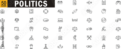 Politics editable outline icon set. Election, leadership, government, democracy, civic, protest, speech, policy, reform and more.