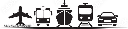 Transport icons. Airplane, Public bus, Train, Ship,Ferry and auto signs. Shipping delivery symbol. Air mail delivery sign. 