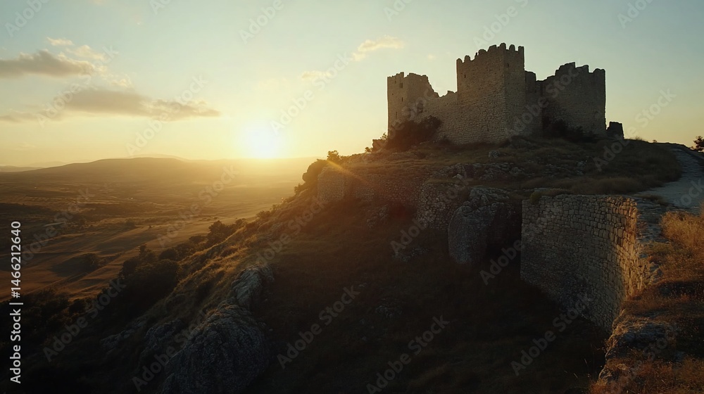 Obraz premium Ancient castle at sunset over rolling hills