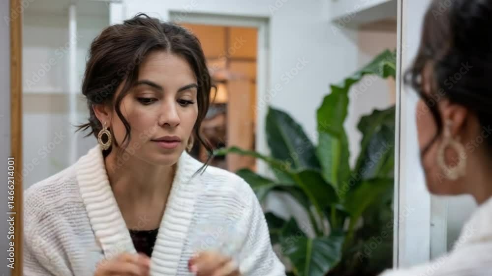 Woman Adjusting Earrings in Front of Mirror Before Going Out Woman Adjusting Earrings in Front of Mirror Before Going Out