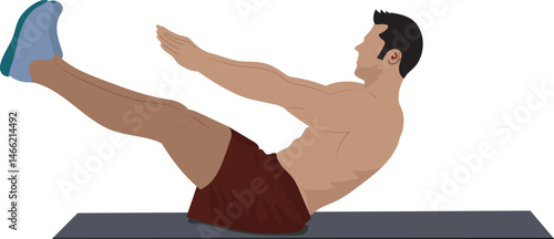 A young man doing Yoga exercise on yoga mat against a white background. Boat pose workout. Yoga workout flat vector illustration