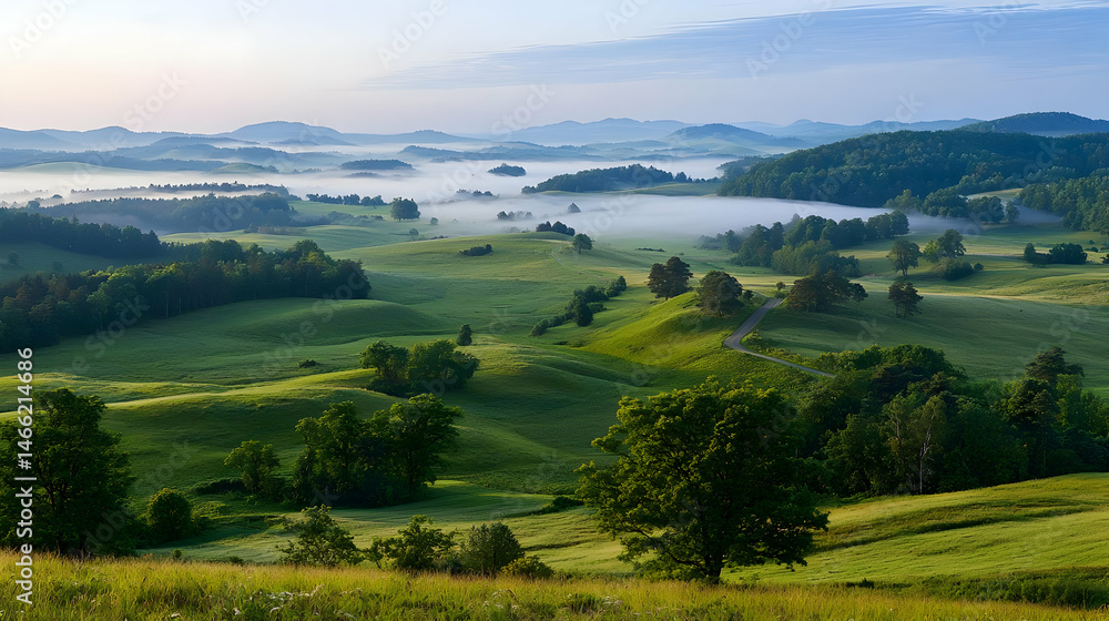Obraz premium Misty Valley Landscape At Sunrise
