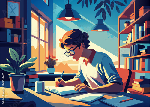 Focused Person Writing at a Desk by a Window