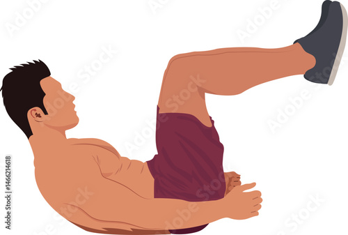 Man lying on floor and doing lower abdominal exercise. Stomach exercise. Belly fat burn workout vector illustration.