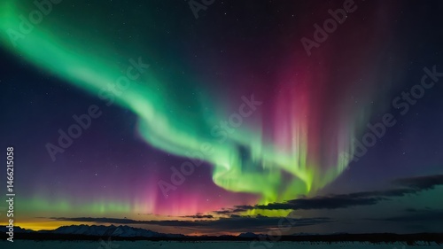 Aurora borealis with green and pink lights over a dark landscape and starry sky at night time