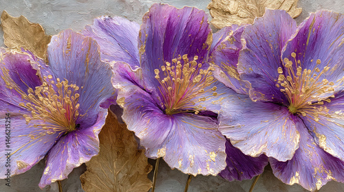 Purple flowers with golden leaves an abstract background as wallpaper illustration, Elegant Purple Gold Flower	