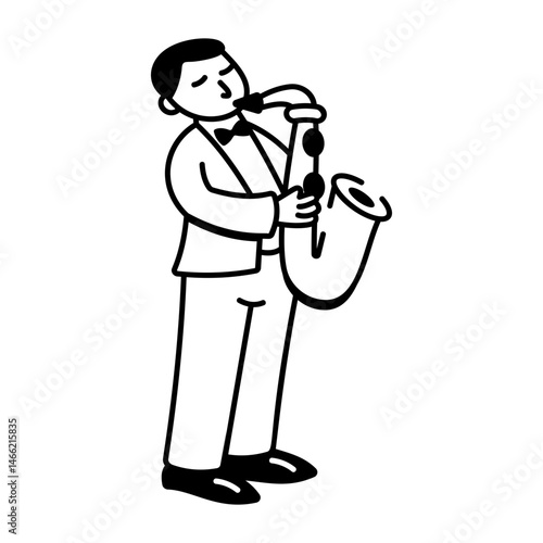 A doodle style icon depicting a saxophone player performing
