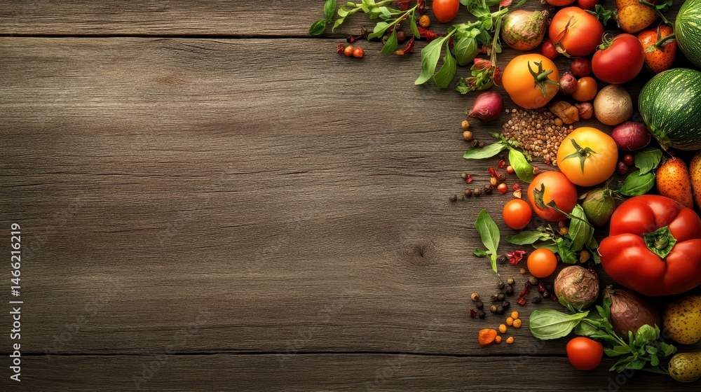 A vibrant display of fresh vegetables and herbs arranged artistically on a rustic wooden surface, showcasing a variety of colors and textures. A vibrant display of fresh vegetables and herbs arranged artistically on a rustic wooden surface, showcasing a variety of colors and textures.