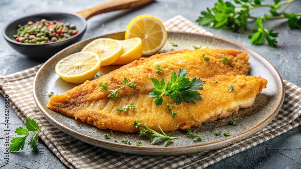 Crispy fried fish fillet on a plate with a flaky texture and golden color, garnished with fresh herbs Crispy fried fish fillet on a plate with a flaky texture and golden color, garnished with fresh herbs