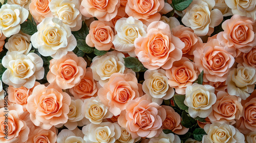 Top view close-up of pale peach artificial rose flowers arranged in a vibrant, colorful pattern background