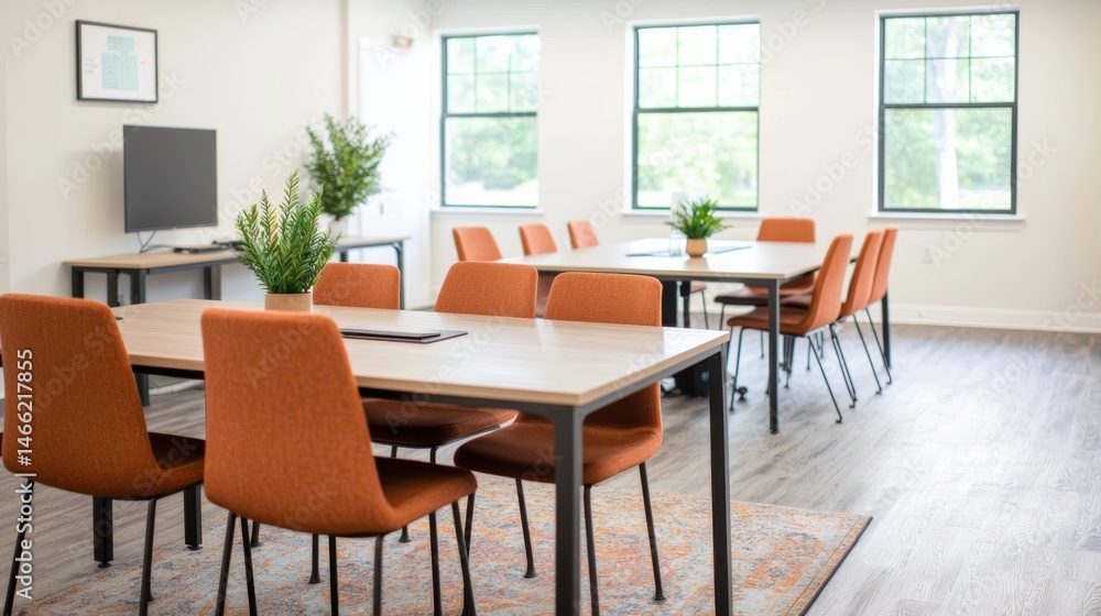 Modern office space with orange chairs, wooden tables, green plants, large windows, and a TV, creating a bright, inviting work environment. Entrepreneur motivation concept. Modern office space with orange chairs, wooden tables, green plants, large windows, and a TV, creating a bright, inviting work environment. Entrepreneur motivation concept.