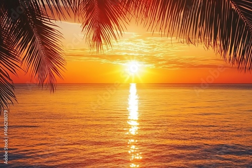 Tropical beach sunset with glowing orange sky and palm tree silhouette framing calm ocean horizon