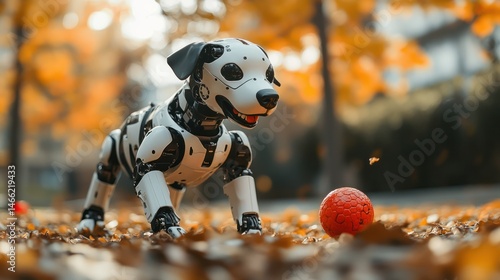 Fototapeta Naklejka Na Ścianę i Meble -  Adorable robotic dog with a sleek black and white futuristic design playing outdoors on autumn leaves with a red ball, surrounded by colorful fall foliage