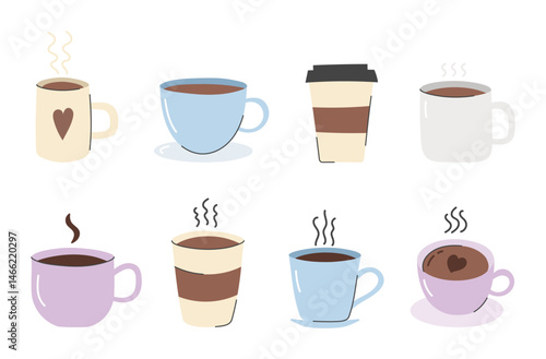Hand drawn hot coffee or tea cups, vector eps10 illustration