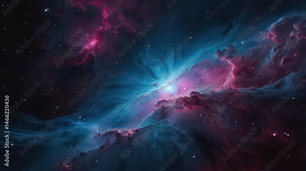 Obraz premium A vibrant nebula featuring pink and blue hues with bright stars scattered across the dark expanse of space