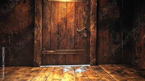 Dark, rustic wooden room with antique door, illuminated by soft light.  Wooden floor and walls show age and texture
