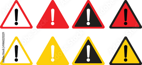 Exclamation Danger sign Warning triangle icon set. Warning sign with exclamation mark.Road sign alert.Caution danger sign.Warning sign with an exclamation point in a triangle.Do not enter sign Eps 10