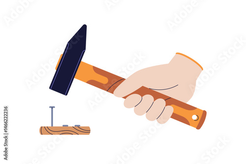 Hammer hitting, driving nail. Hand holding repair tool. Carpenter work equipm...