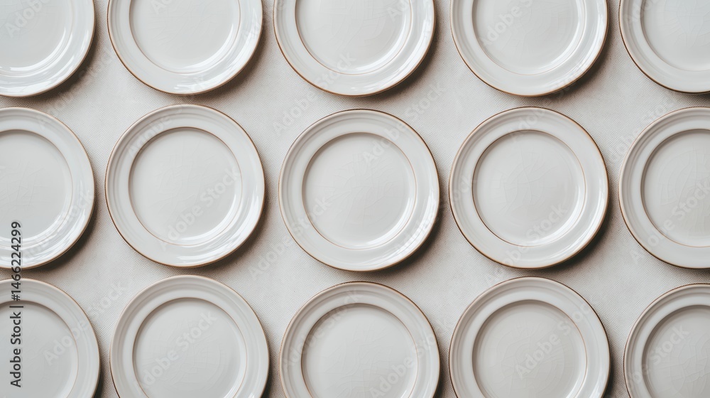 Multiple empty white plates arranged in a neat, symmetrical grid pattern on a light surface. Wedding reception concept.