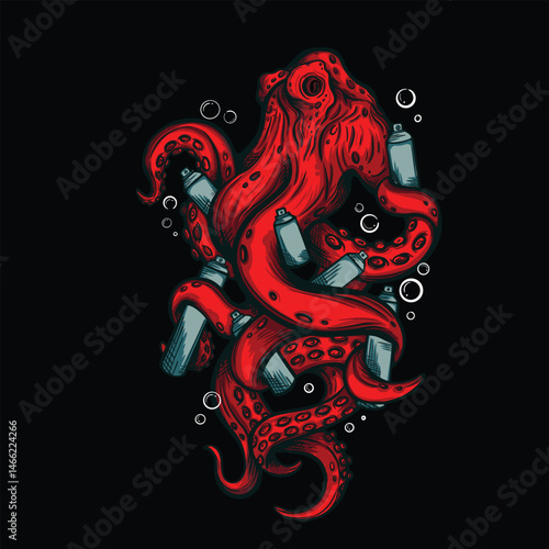 Red Octopus Holding Bottles – Surreal Fantasy Sea Creature Illustration