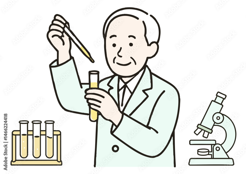 実験中のシニア男性研究者と理科器具