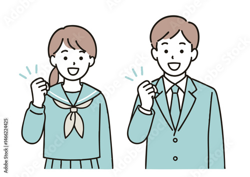 ガッツポーズをする高校生の男女イラスト