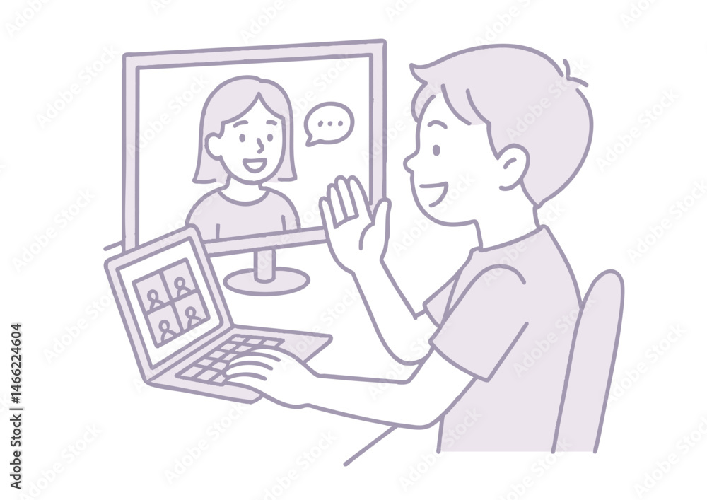 自宅でオンライン会話を楽しむカジュアルな男の子のイラスト