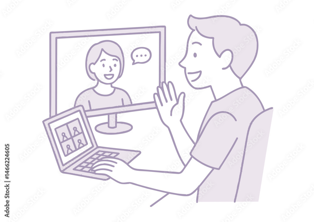 自宅でオンライン会話を楽しむカジュアルな男性のイラスト