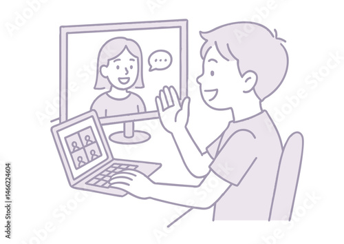 Obraz na płótnie 自宅でオンライン会話を楽しむカジュアルな男の子のイラスト w salonie