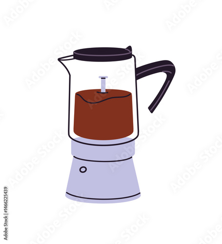 Icon of glass moka pot. Coffee maker with hot beverage in coffeehouse. Coffeemaker, utensil for making drinks in coffeeshop. Coffe brewer. Flat isolated vector illustration on white background