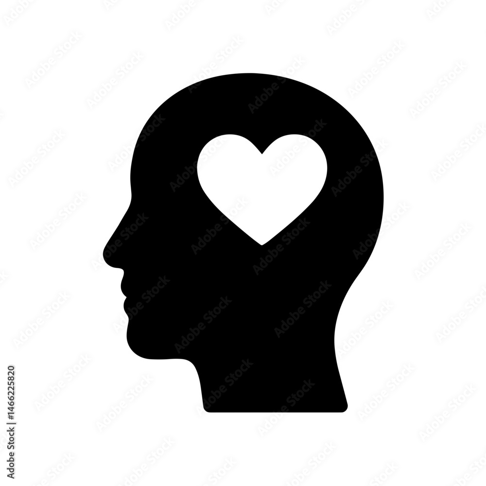 Solid mental health icon with heart in head silhouette Solid mental health icon with heart in head silhouette