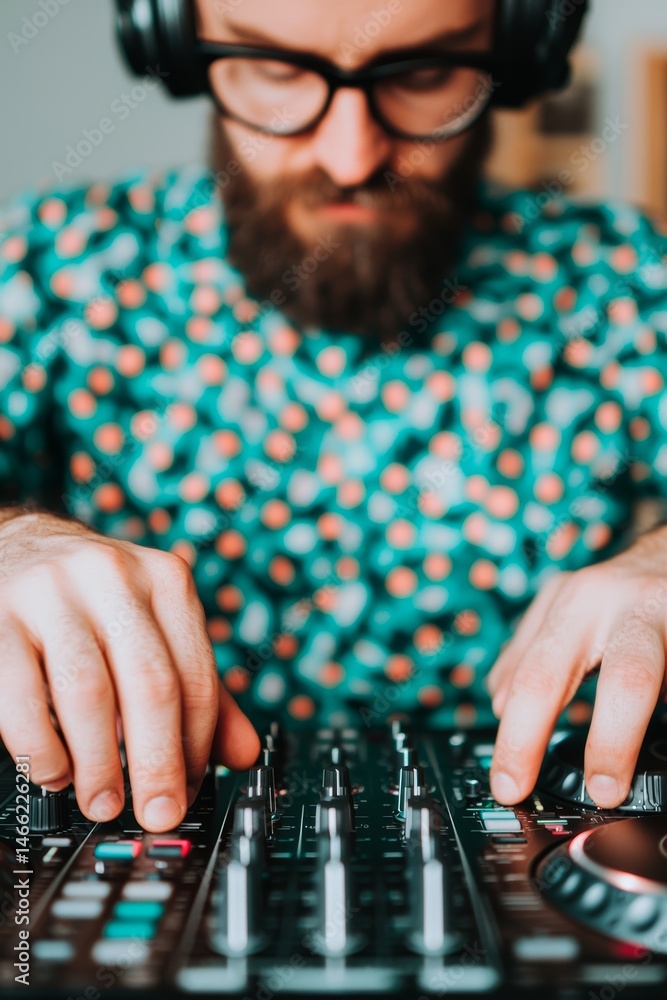 Fototapeta premium A DJ with headphones mixes music on a soundboard, focusing intently on the controls. Wedding reception concept.