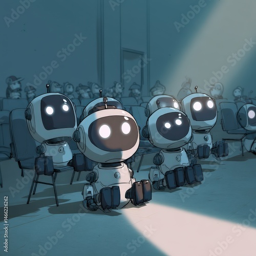 Adorable Robots Watching a Movie in a Theater