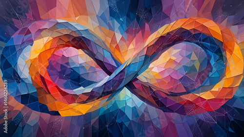 Abstract geometric shapes, infinitely looping , vibrant, pattern