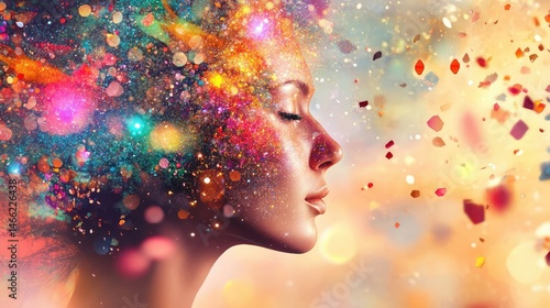 Conceptual fusion of human mind and AI technology surrounded by floating data and cosmic brilliance