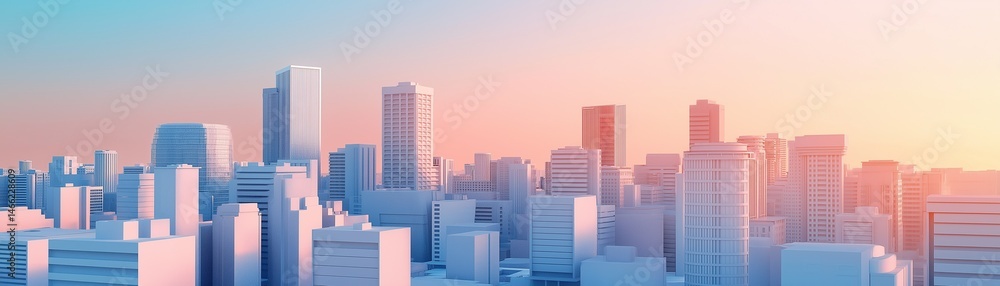 A stylized, 3D rendering of a modern city skyline at either sunrise. A stylized, 3D rendering of a modern city skyline at either sunrise.