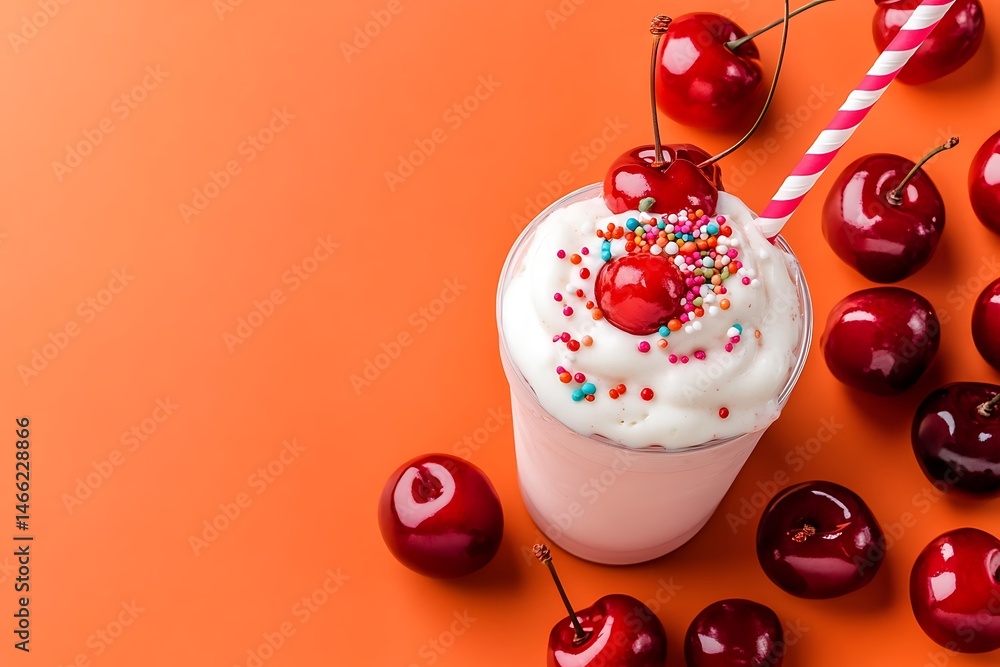 Cherry milkshake with sprinkles on orange Cherry milkshake with sprinkles on orange