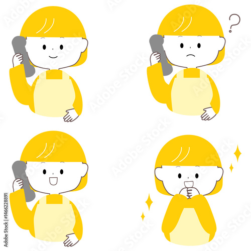 電話をするエプロン姿のかわいい女性