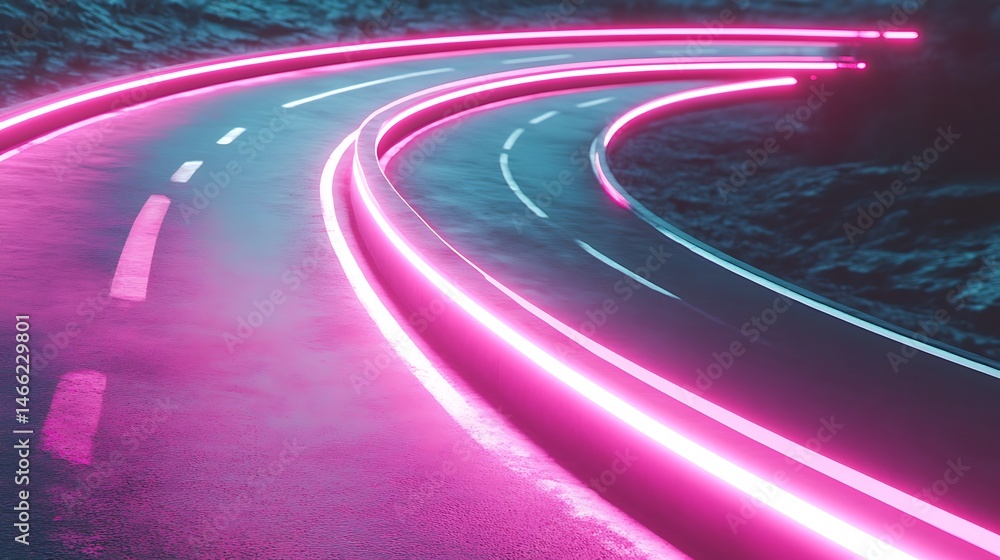 Winding road glows with neon pink light Winding road glows with neon pink light