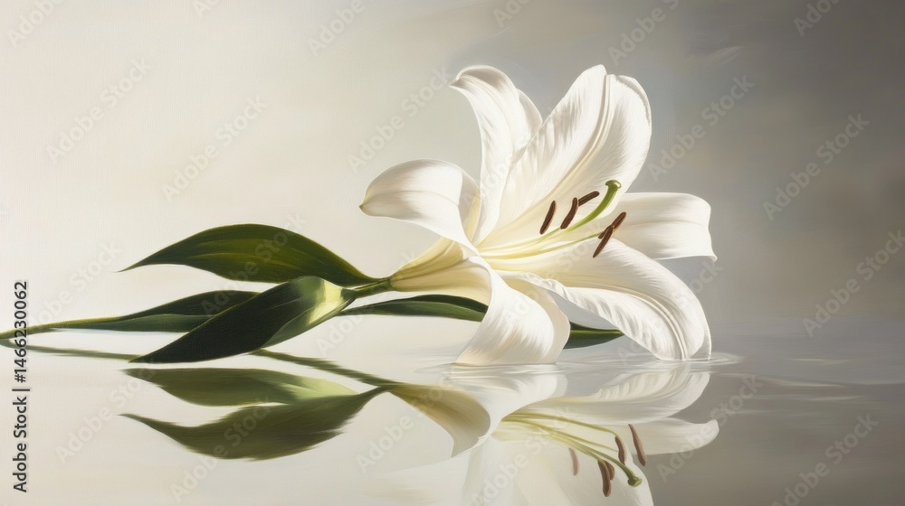 Fototapeta premium Elegant white lily, studio shot, reflection, soft light